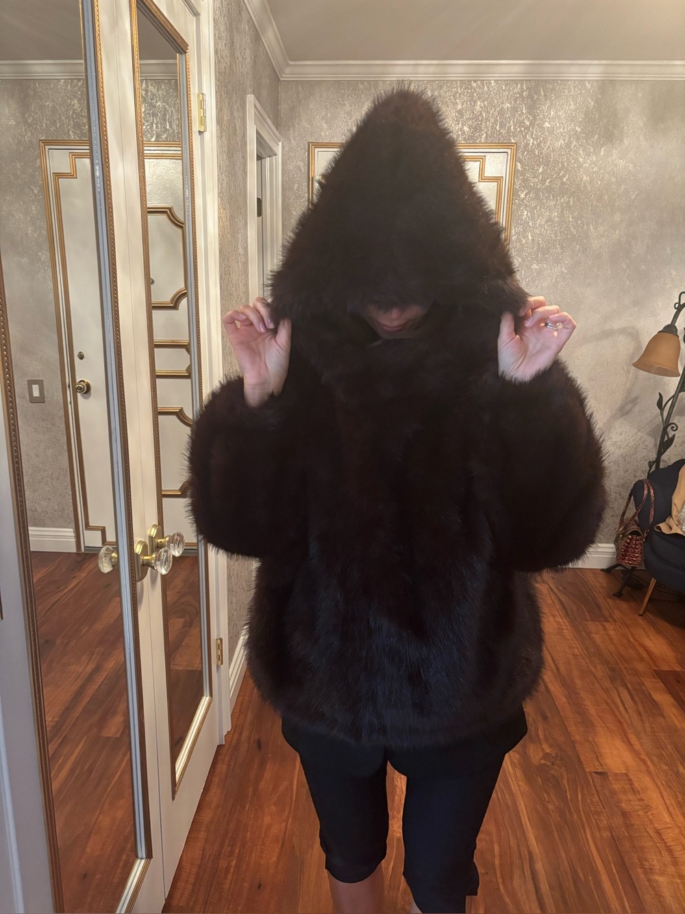 Plush Hooded Faux Fur Coat - Dark Brown